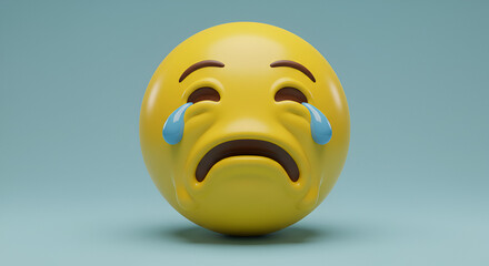 Sad Emoji Face Showing Tears on a Blue Background with a Dramatic Expression