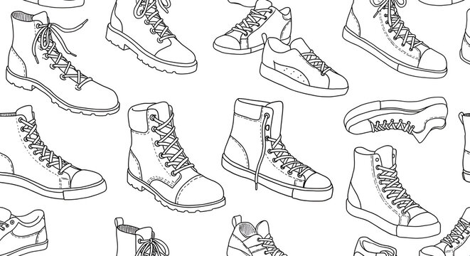 Seamless pattern of different sneaker models with laces, vector illustration