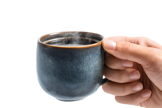 Hand holding a ceramic cup of hot steaming coffee isolated on transparent background