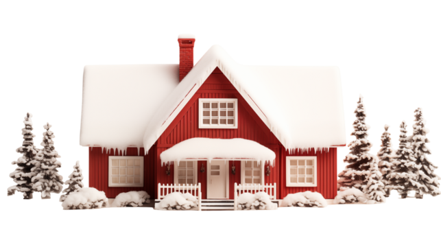 Cozy red winter cabin nestled among snow-covered pine trees evokes holiday charm and warmth.