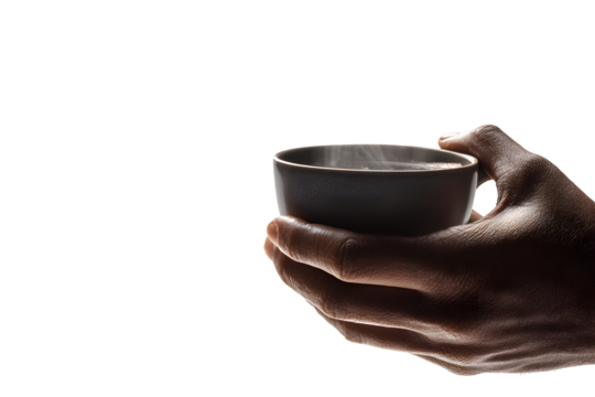 Hand holding a ceramic cup of hot steaming coffee isolated on transparent background