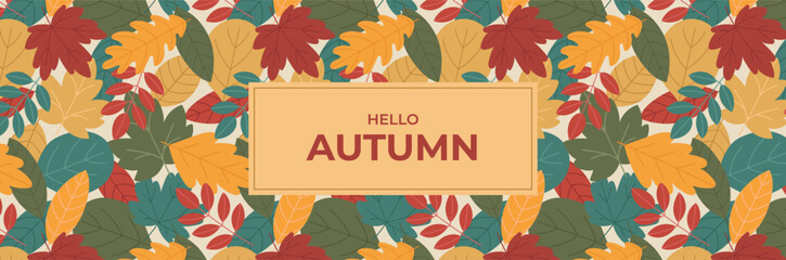 Cozy autumn banner with colorful falling leaves in red, yellow, green, and orange shades. Great for seasonal greetings, invitations, posters, sale, and nature themed designs