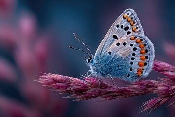 Obraz premium Delicate blue butterfly perched on a pink flower stalk