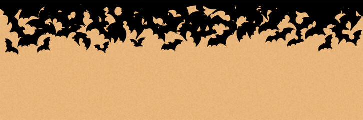 Spooky Halloween banner with a swarm of flying black bats on a textured orange background. Ideal for party invitations, banner, sale, decorations, and seasonal holiday designs