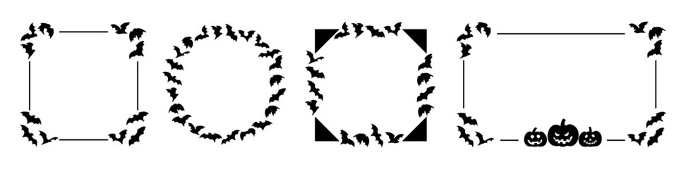 Halloween bat and pumpkin frame set. Minimalist spooky borders for seasonal invitations, party flyers, web headers, greeting cards, and creepy October holiday decorations.