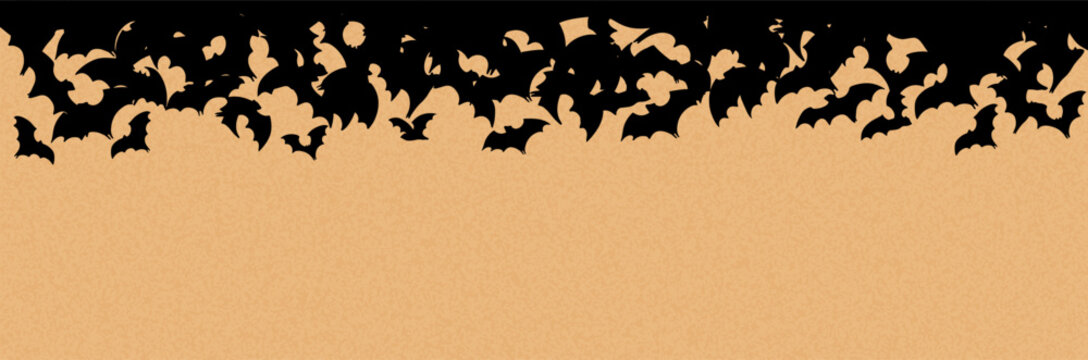 Spooky Halloween banner with a swarm of flying black bats on a textured orange background. Ideal for party invitations, banner, sale, decorations, and seasonal holiday designs