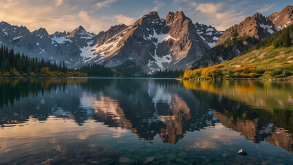 Obraz premium crystal-clear alpine lake nestled among rugged, snow-capped mountains with shimmering waters reflecting the towering peaks, a gentle mist hugging the shoreline, and the vibrant hues of wildflowers