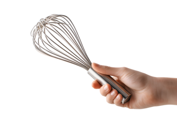 Hand holding a stainless steel wire whisk isolated on transparent background