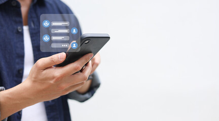close up young man hand hold digital tablet and leaves the question by talking to AI robotic function to answer and help about system management for future technology and lifestyle concept