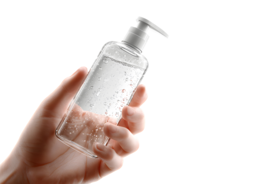Hand holding a transparent pump bottle with clear gel isolated on transparent background