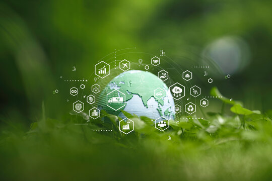 Green logistics and Sustainable global transport. Globe on grass with icon of green supply chain, clean energy, eco friendly, circular economy to sustainable environment. Net zero carbon emission