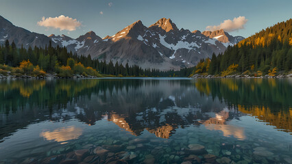 crystal-clear alpine lake nestled among rugged, snow-capped mountains with shimmering waters reflecting the towering peaks, a gentle mist hugging the shoreline, and the vibrant hues of wildflowers