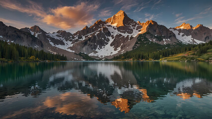 crystal-clear alpine lake nestled among rugged, snow-capped mountains with shimmering waters reflecting the towering peaks, a gentle mist hugging the shoreline, and the vibrant hues of wildflowers