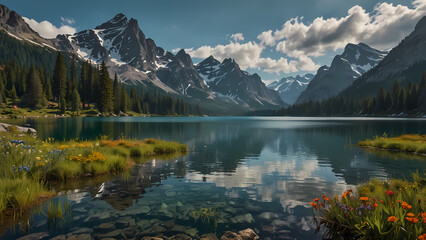 crystal-clear alpine lake nestled among rugged, snow-capped mountains with shimmering waters reflecting the towering peaks, a gentle mist hugging the shoreline, and the vibrant hues of wildflowers