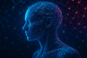 AI generated futuristic digital visualization of a human face built from glowing blue lines and neural network patterns symbolizing AI intelligence and virtual cyberspace