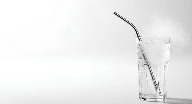 Reusable Metal Straw in Glass of Water Sustainable Hydration