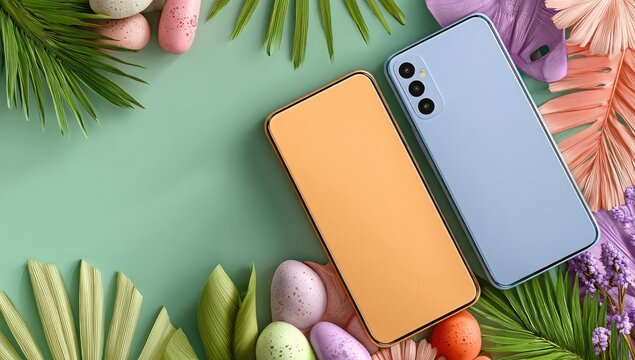 Two pastel-colored phones surrounded by Easter decorations on a mint-green background