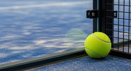 Close-up of a bright yellow padel ball resting in the corner of a vibrant blue court, ready for a match