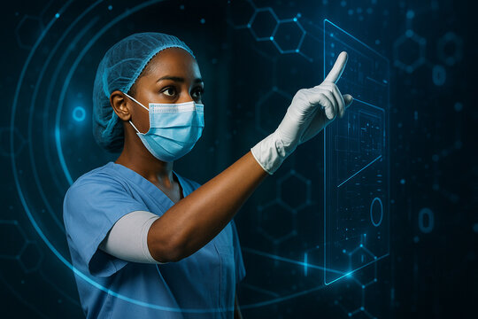 AI generated image of a female medical professional wearing scrub and mask interacting with glowing holographic interface in futuristic digital healthcare environment