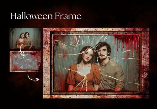 Halloween Photo Frame Flyer Template & Horror Themed Broken Mirror Overlay for Haunted Houses
