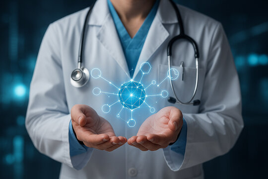 AI generated doctor in white coat holding glowing holographic network symbolizing future medical data analysis and digital healthcare innovation with modern science atmosphere