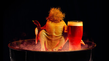Chicken on grill with parsley bunch chili pepper and glass of beer in humorous scene. Concept of...