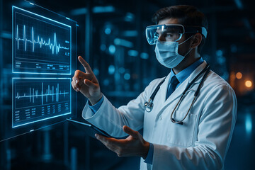 AI generated futuristic doctor using AR hologram interface with glowing blue data in medical lab symbolizing advanced science technology and healthcare innovation