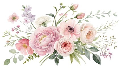 Watercolor floral arrangement isolated on white background featuring pink roses, anemones, and delicate greenery for elegant designs