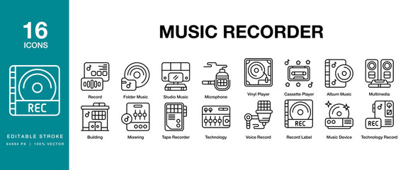 Music Recorder icon set. Includes music, recorder, sound, audio, retro, vintage, and More. Editable Stroke Icon Collection.