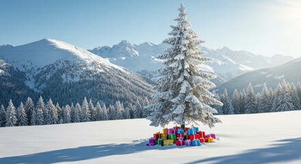 Fototapeta premium Snowy Mountain Christmas: Gifts Beneath a Majestic Fir