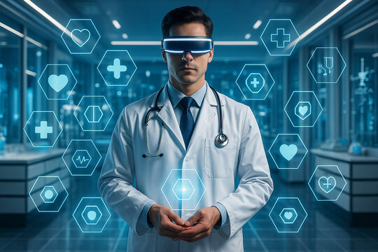 AI generated futuristic concept of a doctor wearing VR headset surrounded by glowing holographic medical icons in a smart laboratory symbolizing advanced science technology and healthcare