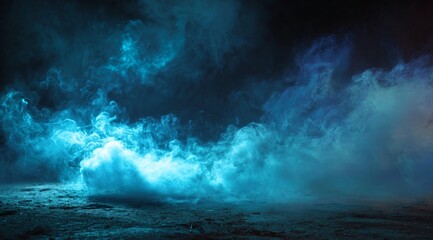 Naklejka premium Blue Smoke Effect on Dark Stage Floor.