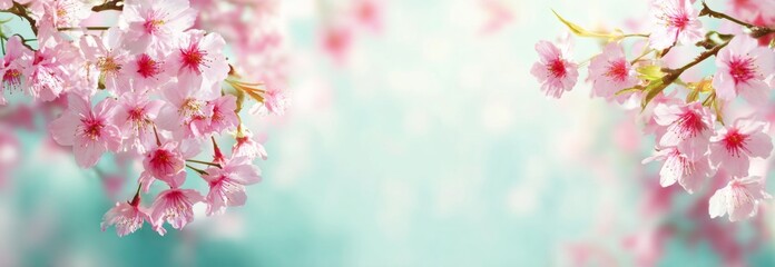 Obraz premium Cherry Blossoms on a Soft Aqua Background.