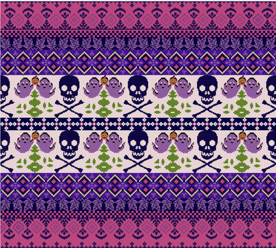 Ethnic pixel art vector illustration of skull, ghost for Halloween. Vector pattern. Pixel style. Pink-blue texture. Design for textile, clothes, blankets, pillows, carpets, oth