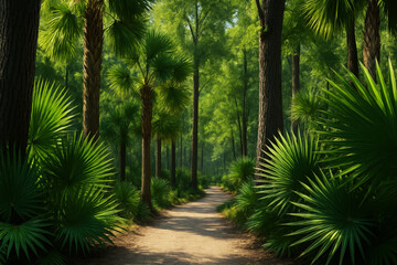 Lush green forest path lined with palm trees and tall trees image