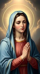 A detailed illustration of the Virgin Mary, showcasing a serene expression and a prayerful posture.