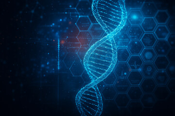 AI generated glowing DNA double helix with futuristic digital elements hexagon patterns and science interface showing genetics data in a modern medical and research atmosphere