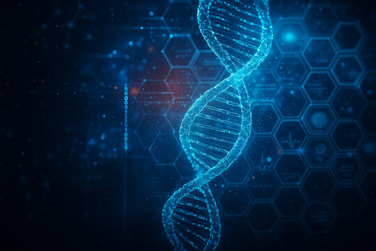 AI generated glowing DNA double helix with futuristic digital elements hexagon patterns and science interface showing genetics data in a modern medical and research atmosphere