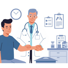 A friendly doctor carefully examines a patient's arm in a clean clinic environment, depicted in a flat 2D vector illustration with simplified medical equipment and a bright white background.