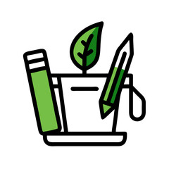 Minimalist flat vector art with leaf, pencil, and rectangular block on black backdrop