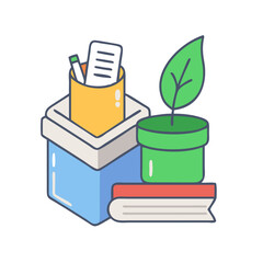 Office Desk Essentials: An Organized Workspace Featuring Stationery, Plant, and Book on a Black Background