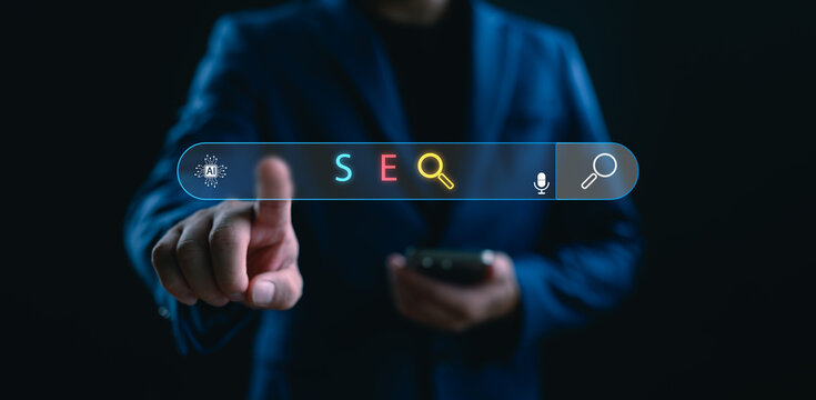 Businessman using AI-powered SEO search engine optimization tool on virtual interface, representing digital marketing strategy, website ranking, and online visibility.