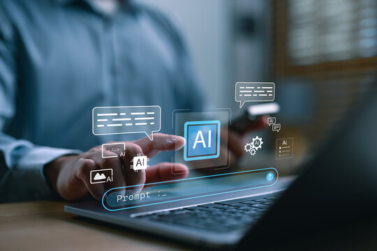 Man interacting with AI chatbot prompt on laptop, representing artificial intelligence, generative AI technology, virtual assistant and smart content creation interface. Multimedia technology.