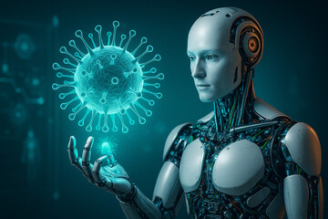 AI generated humanoid robot interacting with glowing digital virus hologram in futuristic medical lab symbolizing advanced science and technology integration