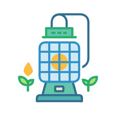 Illustration of an old-fashioned oil lamp surrounded by two little plants in the dark