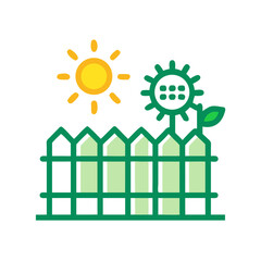 Cute garden icon featuring a sunflower, fence and bright yellow sun on black background