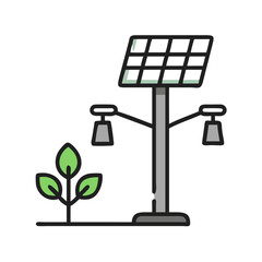 Eco-Friendly Street Lighting Powered by Solar Energy and Growing Greenery Illustration, Flat Style