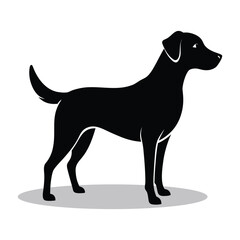 A sleek black labrador retriever dog standing in profile silhouette against a clean white background with a subtle shadow beneath its paws
