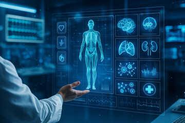 AI generated futuristic medical visualization showing doctor interacting with holographic human body and digital health data in a sci fi laboratory