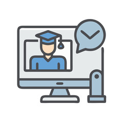 Online Education Icon of Graduate Student on Computer with Speech Bubble